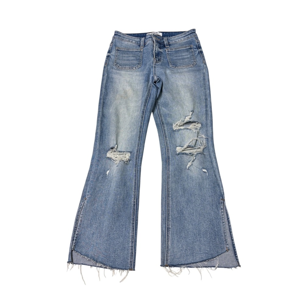 Mica Denim Distressed High Rise Flare Jeans Blue Womens Size 27X26 MDP-F586
